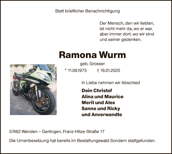 Traueranzeige von Ramona Wurm von WA