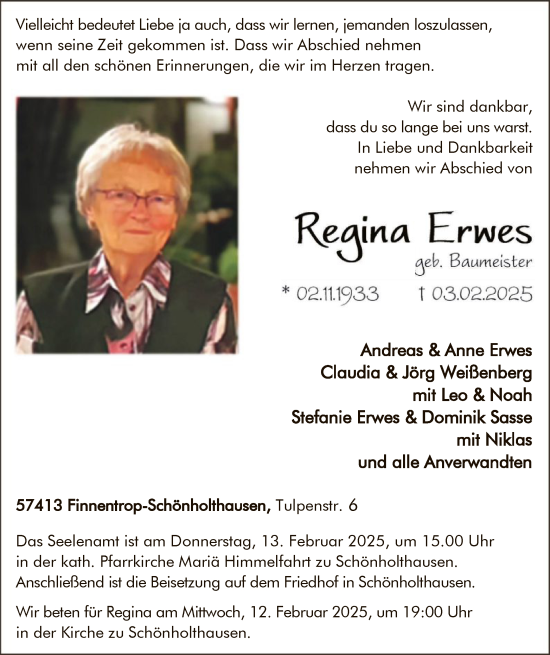 Traueranzeige von Regina Erwes von WA