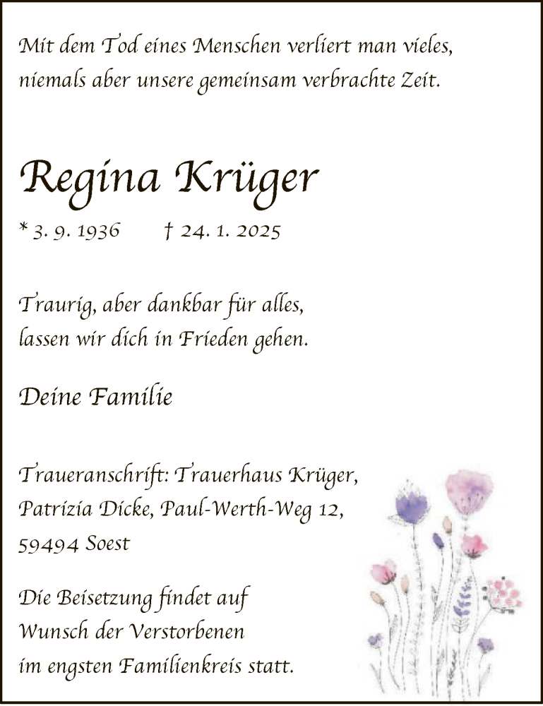  Traueranzeige für Regina Krüger vom 01.02.2025 aus WA