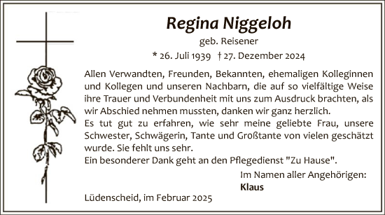 Traueranzeige von Regina Niggeloh von WA