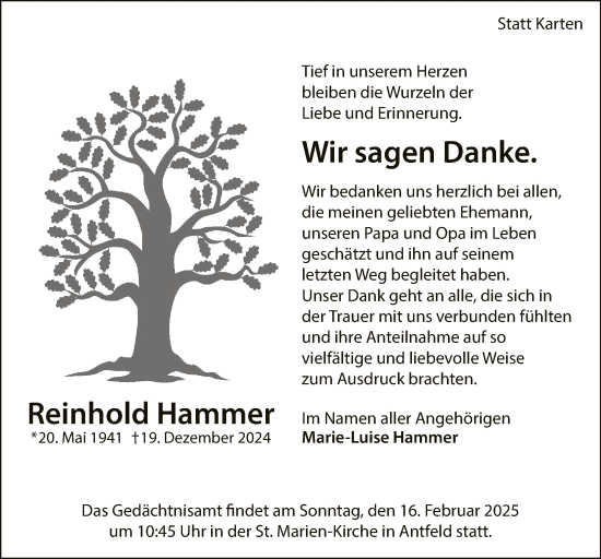 Traueranzeige von Reinhold Hammer von WA