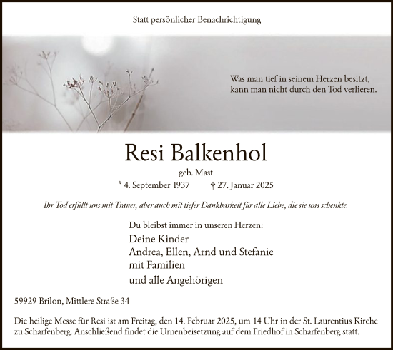 Traueranzeige von Resi Balkenhol von WA