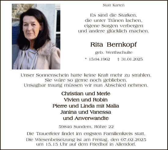 Traueranzeige von Rita Bernkopf von WA