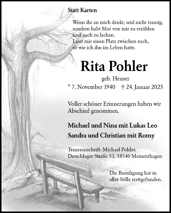 Traueranzeige von Rita Pohler von WA