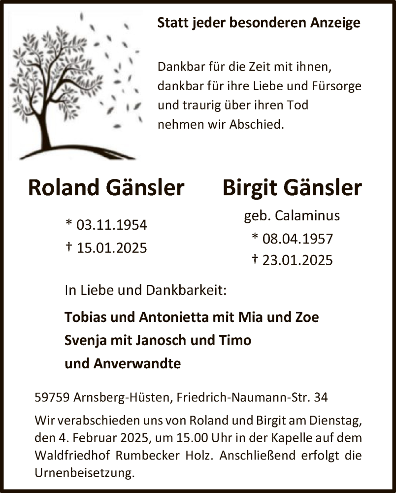  Traueranzeige für Roland und Birgit Gänsler vom 01.02.2025 aus WA
