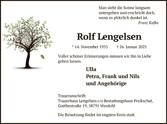 Traueranzeige von Rolf Lengelsen von WA