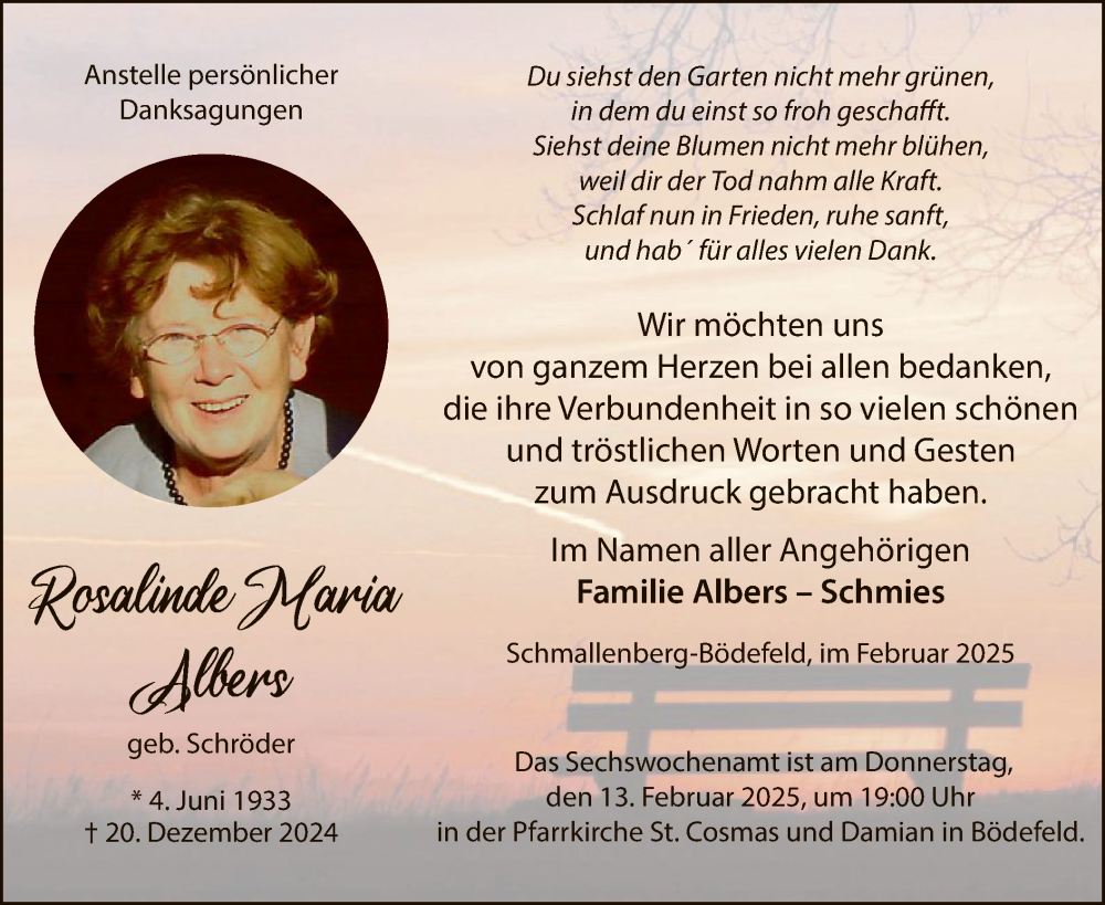  Traueranzeige für Rosalinde Maria Albers vom 01.02.2025 aus WA