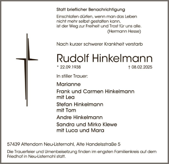 Traueranzeige von Rudolf Hinkelmann von WA