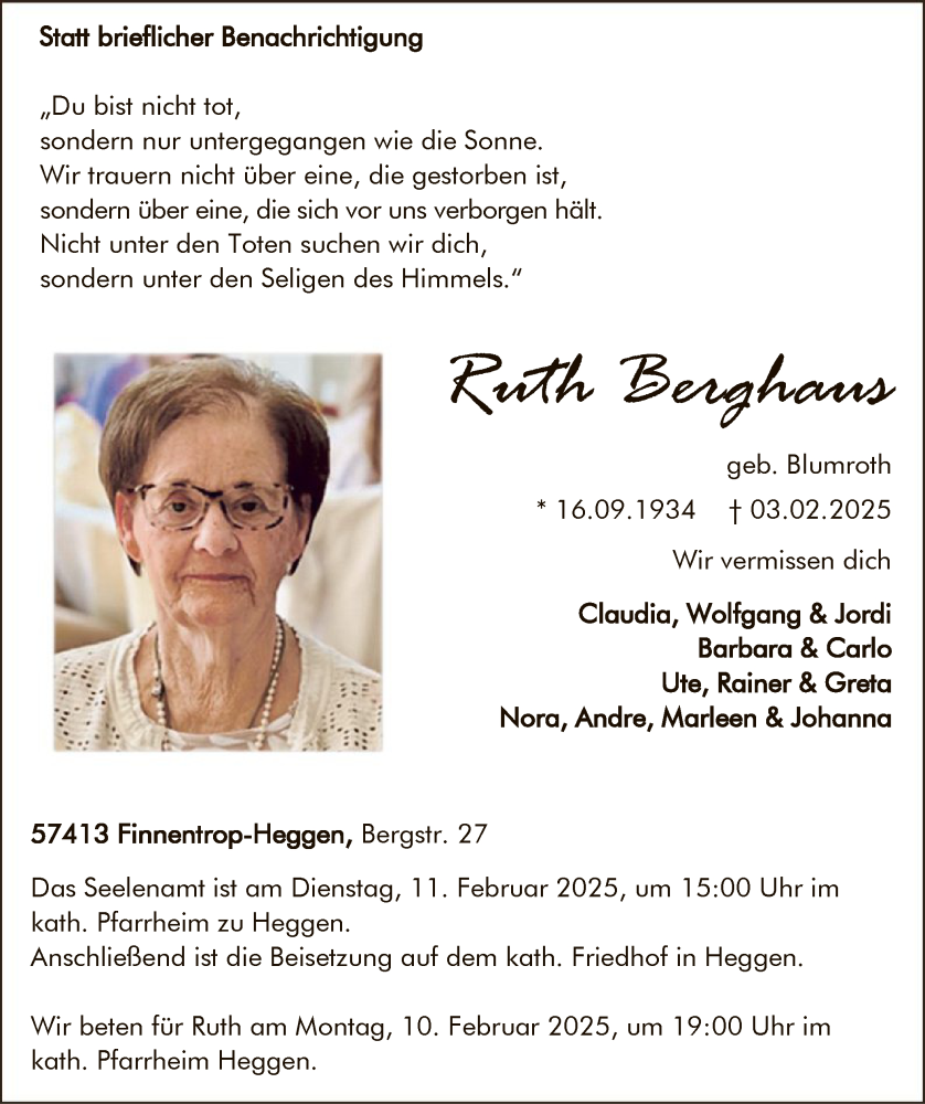  Traueranzeige für Ruth Berghaus vom 08.02.2025 aus WA