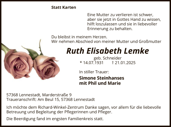 Traueranzeige von Ruth Elisabeth Lemke von WA