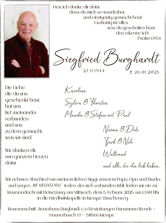 Traueranzeige von Siegfried Burghardt von WA