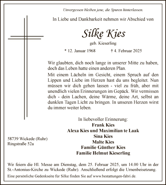 Traueranzeige von Silke Kies von WA