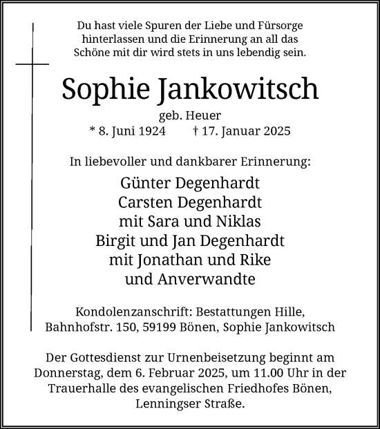 Traueranzeige von Sophie Jankowitsch von WA