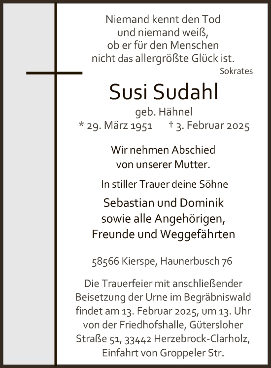 Traueranzeige von Susi Sudahl von WA