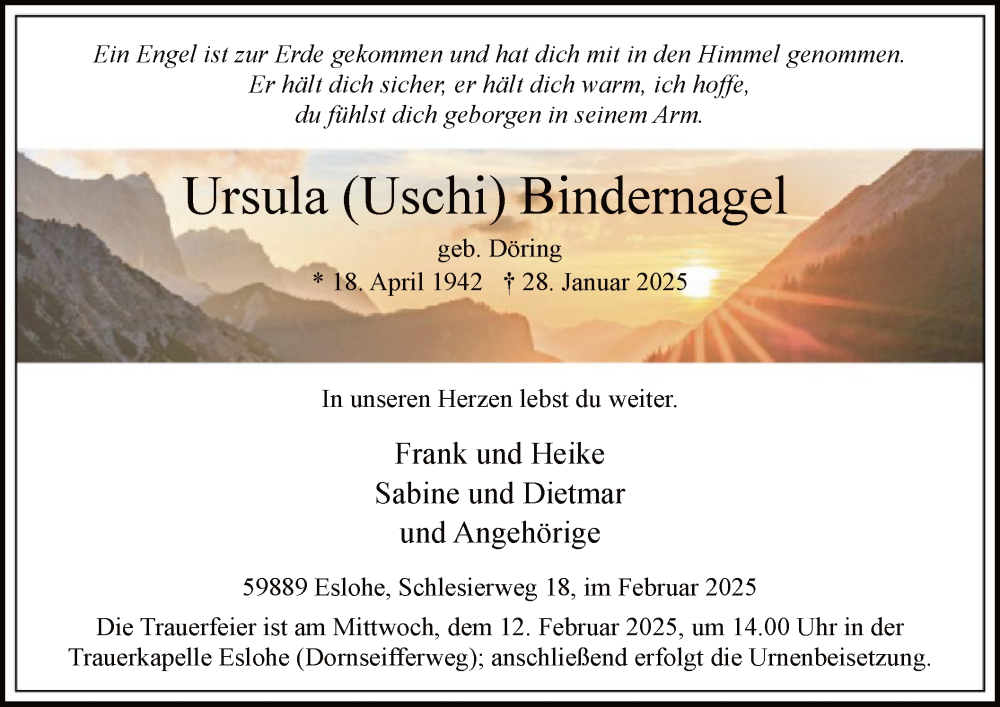  Traueranzeige für Ursula Bindernagel vom 01.02.2025 aus WA