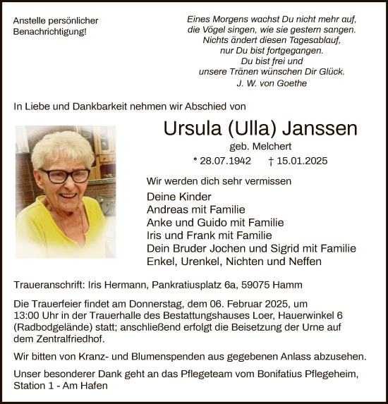 Traueranzeige von Ursula Janssen von WA