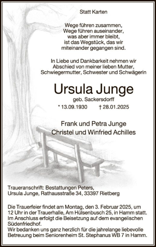 Traueranzeige von Ursula Junge von WA