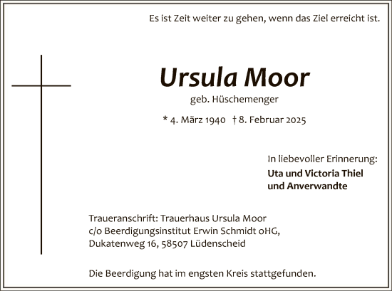 Traueranzeige von Ursula Moor von WA