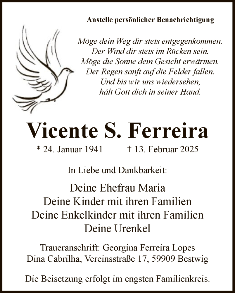  Traueranzeige für Vicente S. Ferreira vom 22.02.2025 aus WA