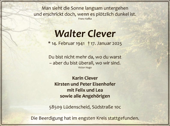 Traueranzeige von Walter Clever von WA