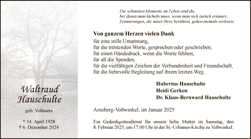  Traueranzeige für Waltraud Hauschulte vom 01.02.2025 aus WA