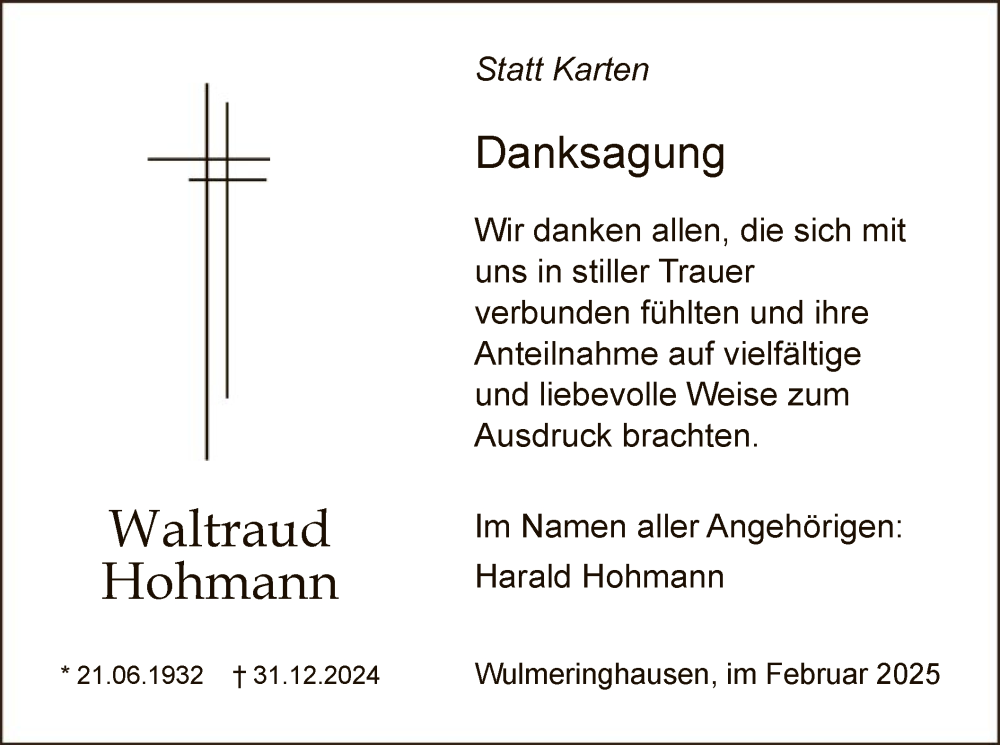  Traueranzeige für Waltraud Hohmann vom 01.02.2025 aus WA