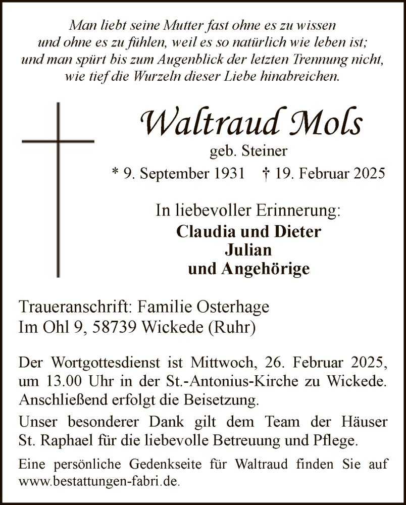  Traueranzeige für Waltraud Mols vom 22.02.2025 aus WA