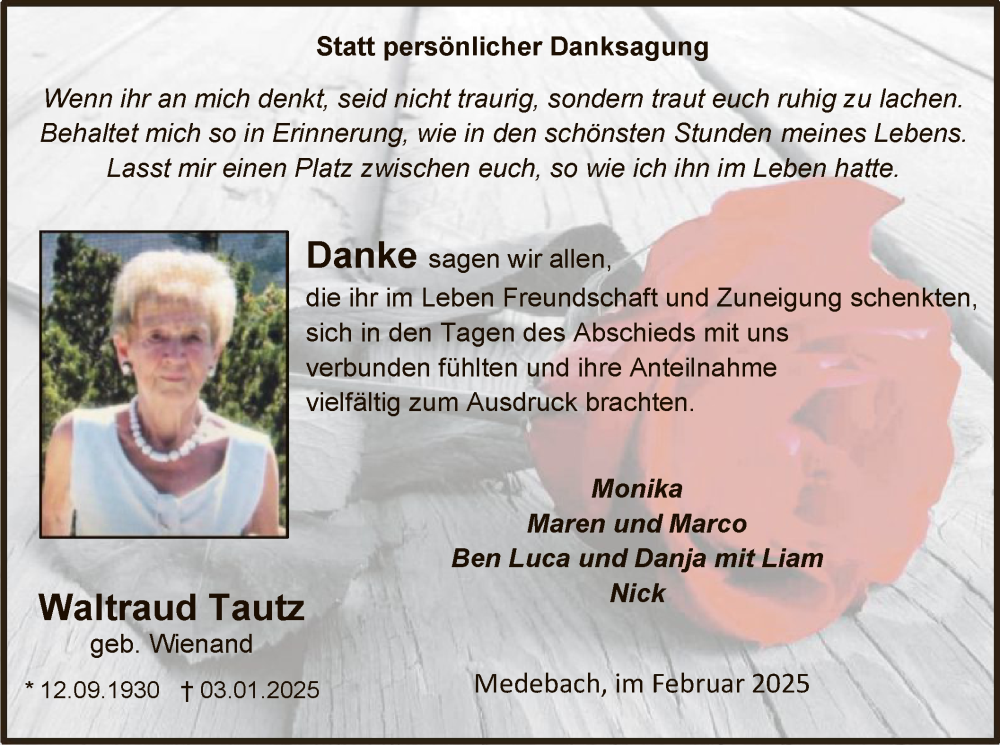  Traueranzeige für Waltraud Tautz vom 01.02.2025 aus WA