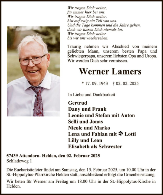 Traueranzeige von Werner Lamers von WA