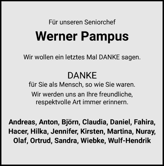 Traueranzeige von Werner Pampus von WA