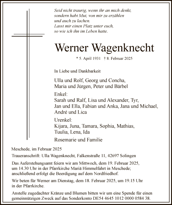 Traueranzeige von Werner Wagenknecht von WA