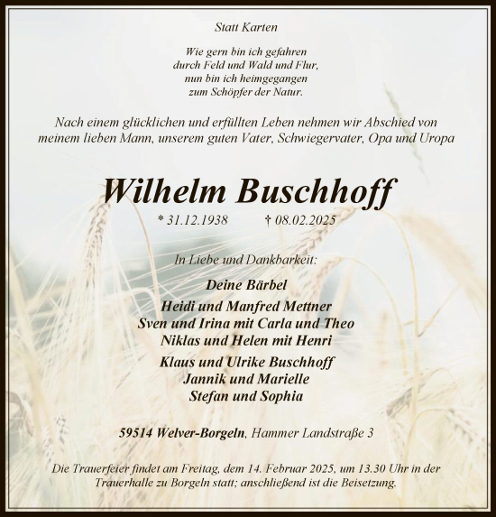 Traueranzeige von Wilhelm Buschhoff von WA
