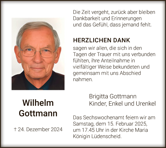 Traueranzeige von Wilhelm Gottmann von WA