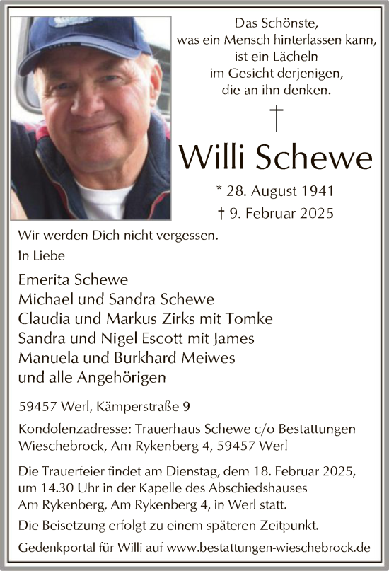 Traueranzeige von Willi Schewe von WA