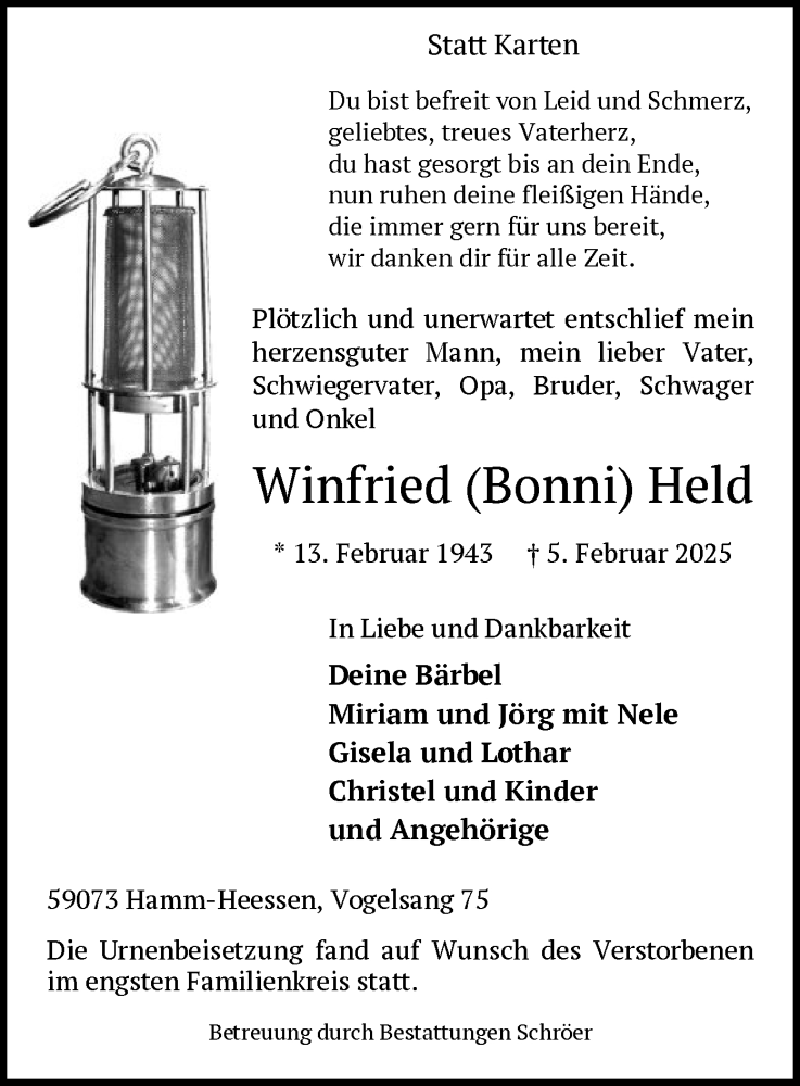  Traueranzeige für Winfried Held vom 26.02.2025 aus WA