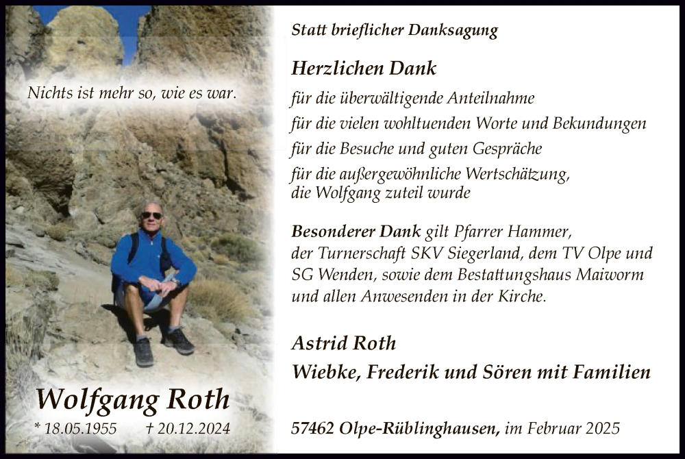  Traueranzeige für Wolfgang Roth vom 01.02.2025 aus WA