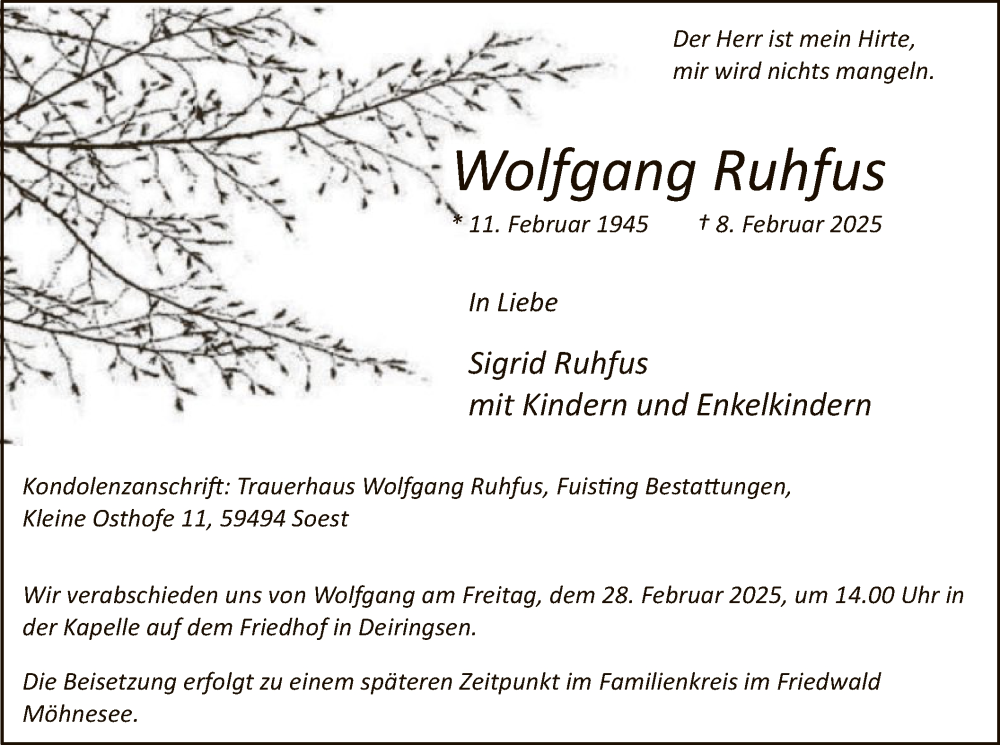  Traueranzeige für Wolfgang Ruhfus vom 19.02.2025 aus WA