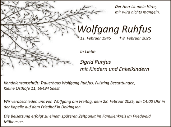 Traueranzeige von Wolfgang Ruhfus von WA
