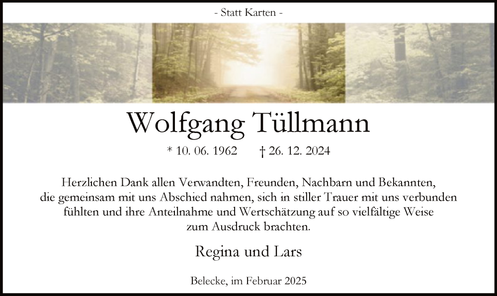  Traueranzeige für Wolfgang Tüllmann vom 01.02.2025 aus WA