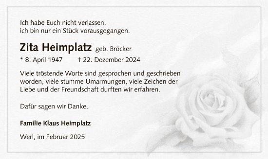 Traueranzeige von Zita Heimplatz von WA