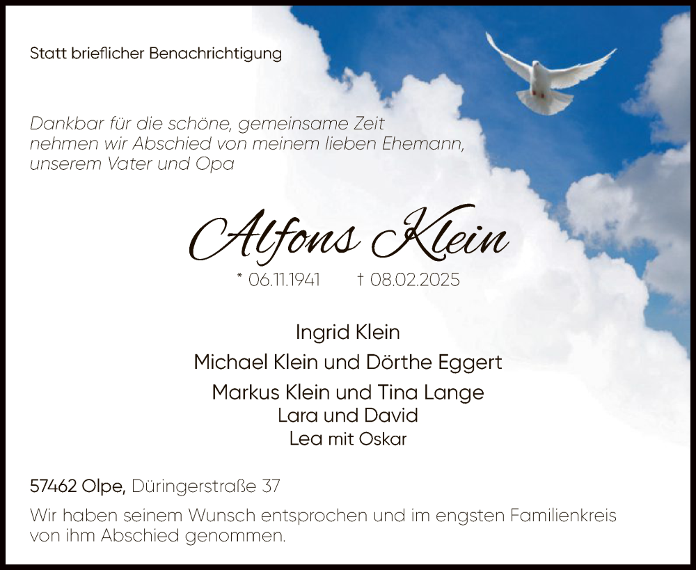  Traueranzeige für Alfons Klein vom 08.03.2025 aus WA