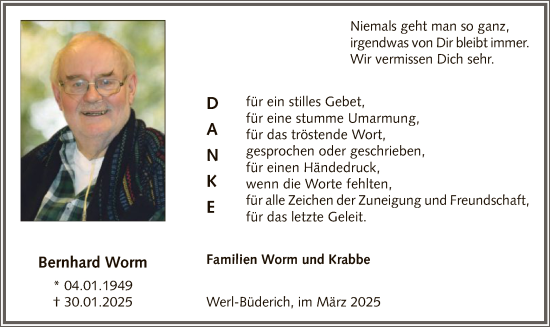 Traueranzeige von Bernhard Worm von WA