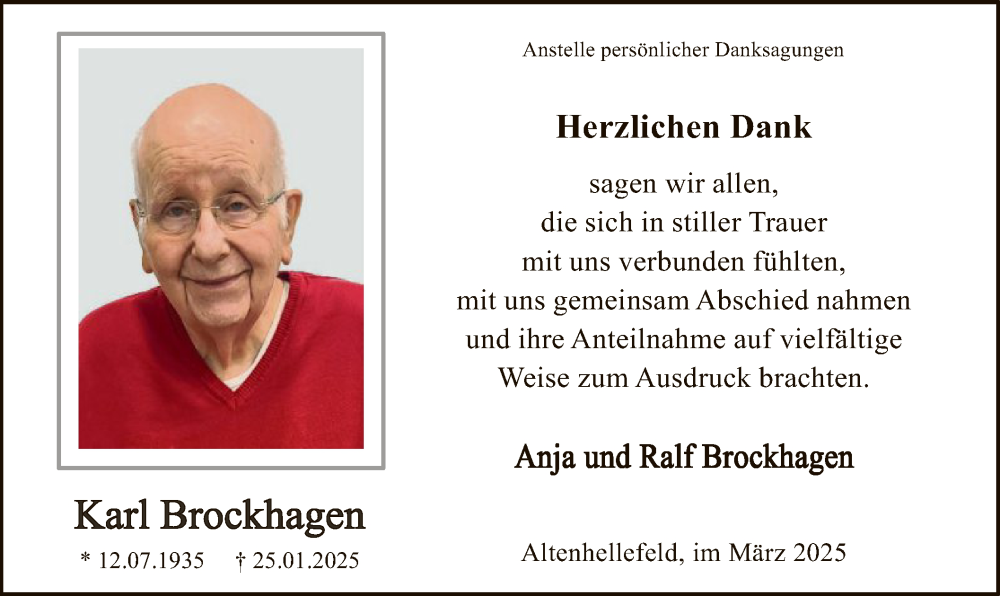  Traueranzeige für Brockhagen, Karl vom 01.03.2025 aus WA