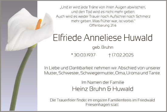 Traueranzeige von Elfriede Anneliese Huwald von WA