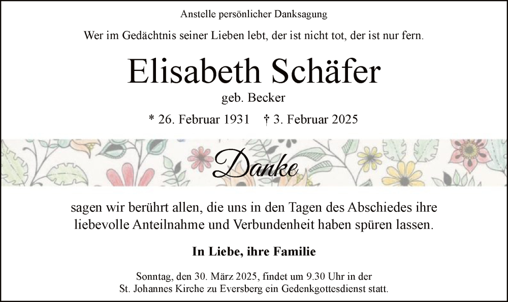  Traueranzeige für Elisabeth Schäfer vom 22.03.2025 aus WA