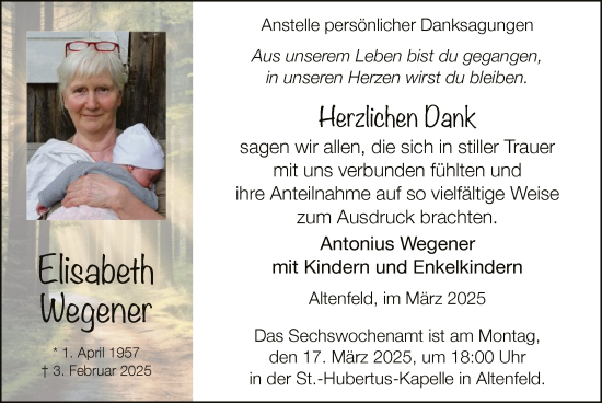 Traueranzeige von Elisabeth Wegener von WA