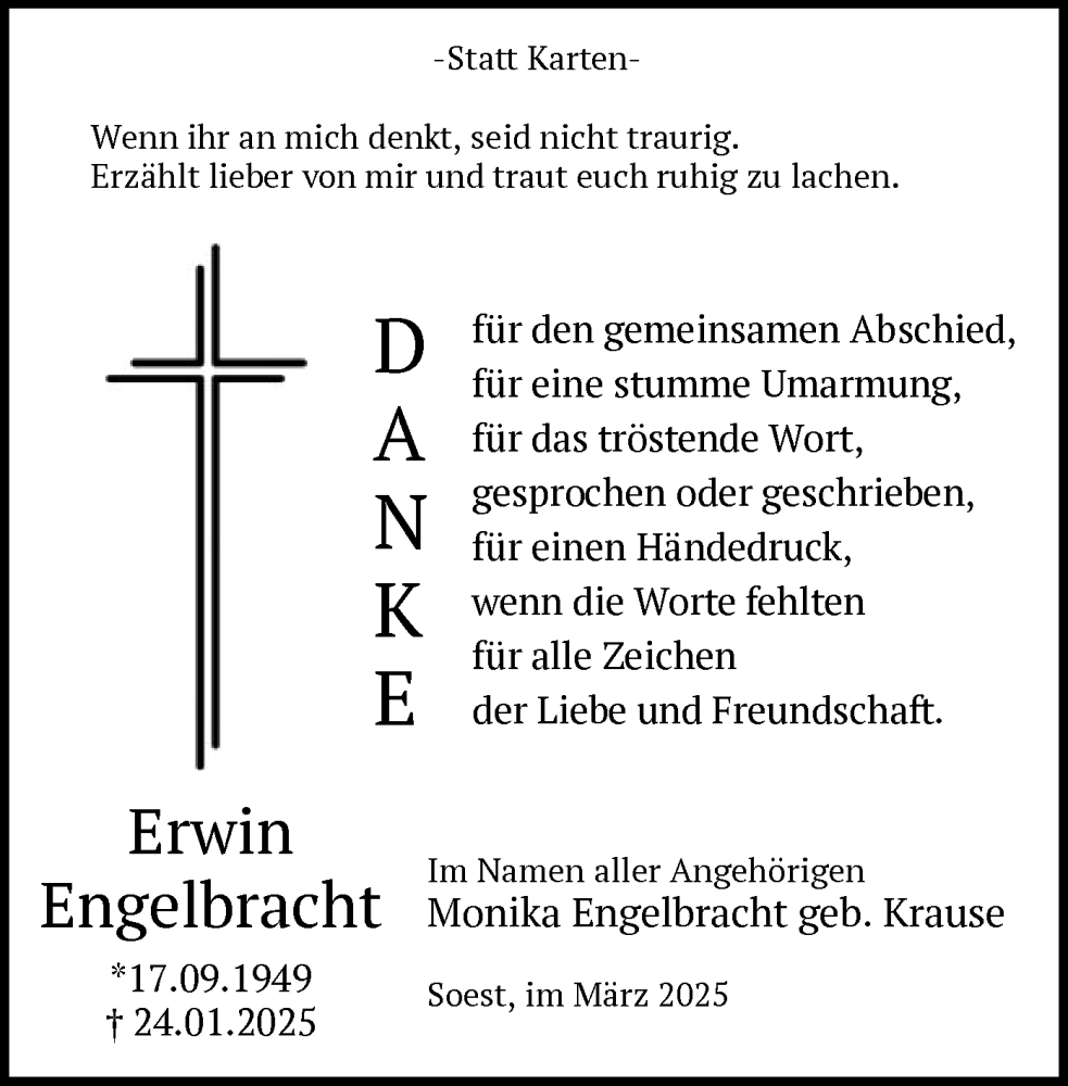  Traueranzeige für Erwin Engelbracht vom 08.03.2025 aus WA