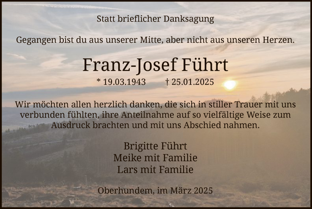  Traueranzeige für Franz-Josef Führt vom 29.03.2025 aus WA