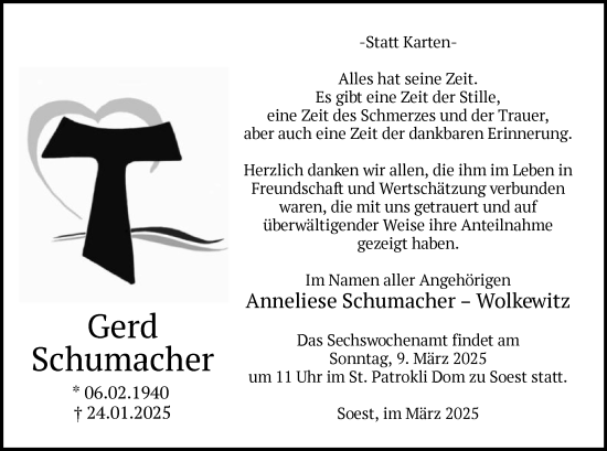 Traueranzeige von Gerd Schumacher von WA