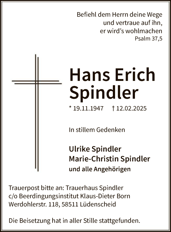 Traueranzeige von Hans Erich Spindler von WA